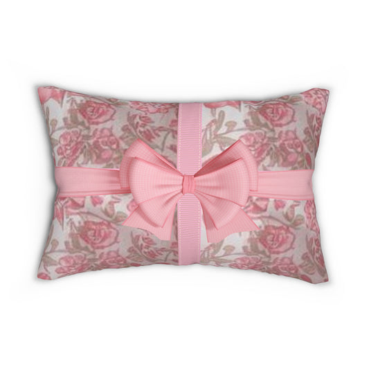 Cottage Cozy Lumbar Pillow with Ribbon and Bow, Home Décor, Gift for Her, Bedroom Accent, Cozy Cushion, Feminine Style