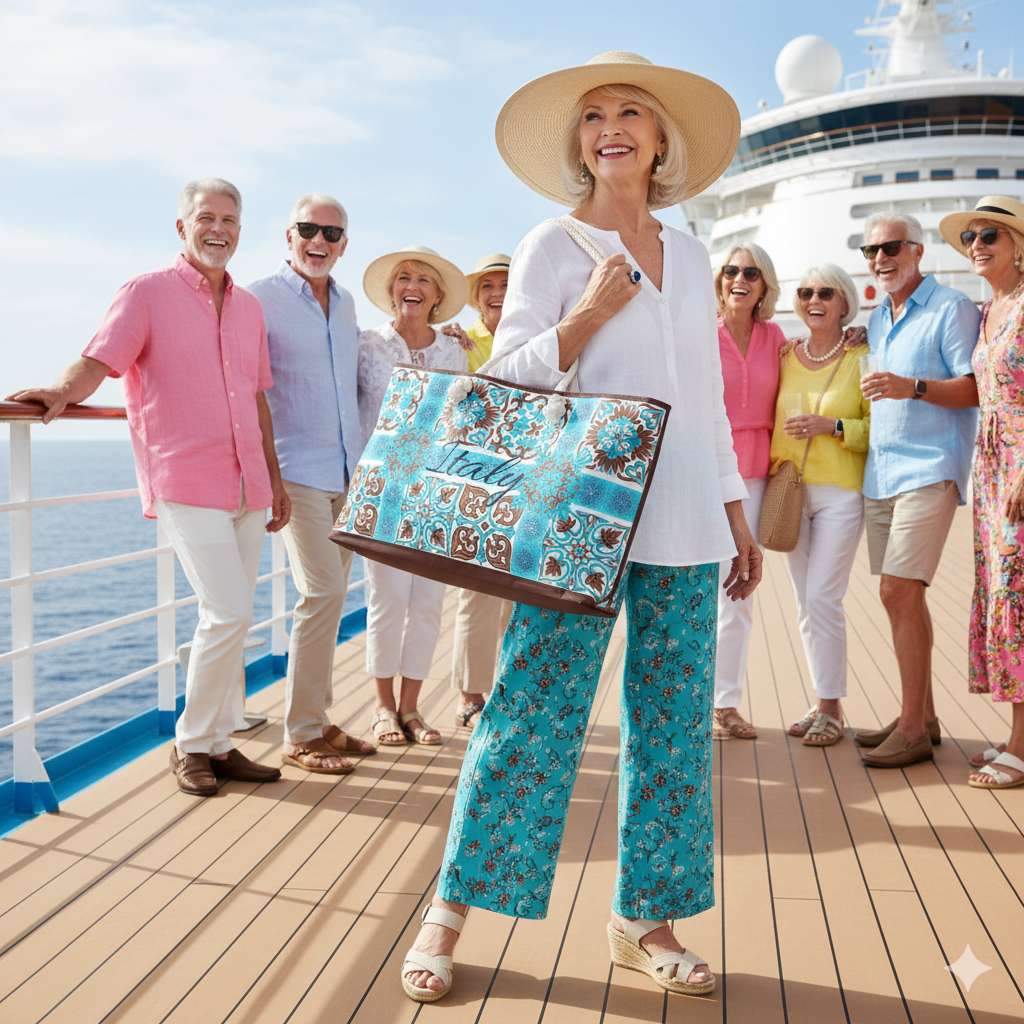 Group of people on a cruise ship deck with a woman holding a pbp italian tile tote bag.