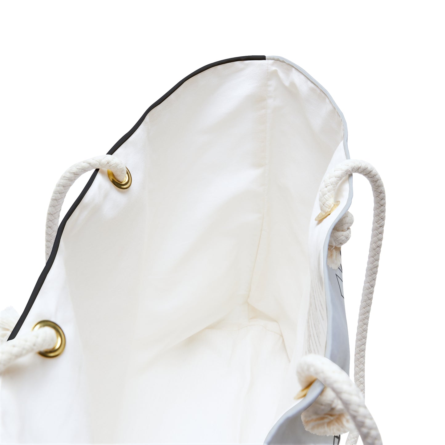 Precious tote by Palm Beach Proper open top. White drawstring bag with gold metal loops on a white background