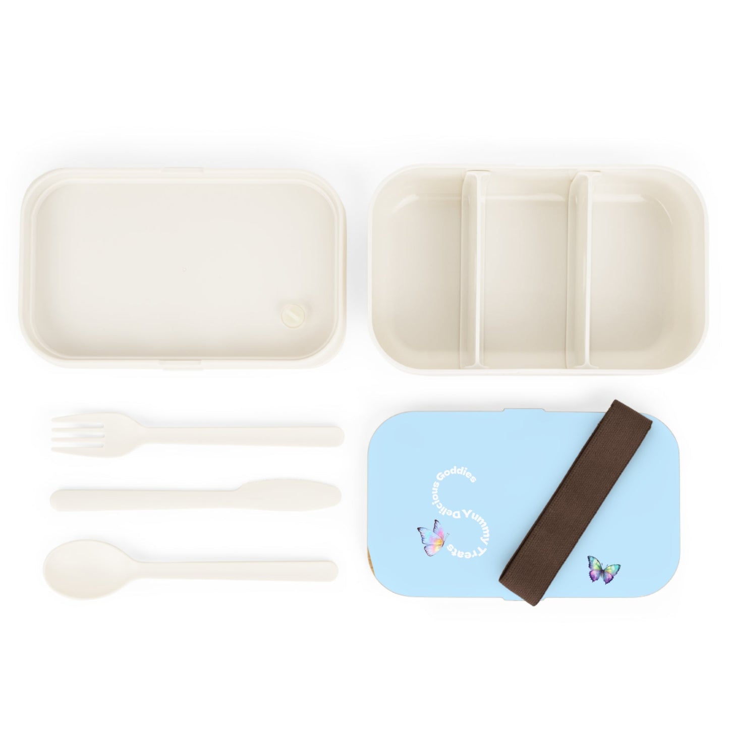 Set of eco-friendly dining utensils including a fork, spoon, knife, and a blue tray with a brown handle on a white background. bento box garden party PBP Pub