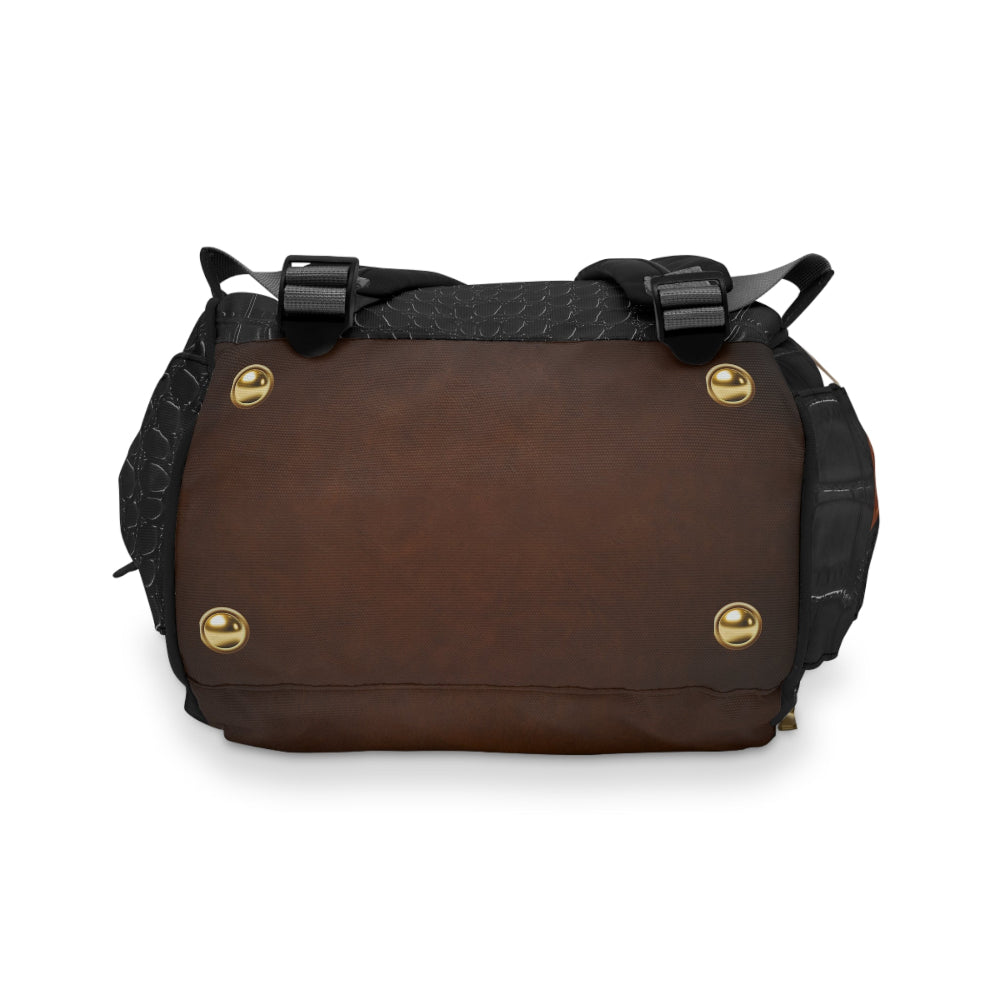 Briefcase Brown and Black quilted diaper backpack with a brown bottom on a white background