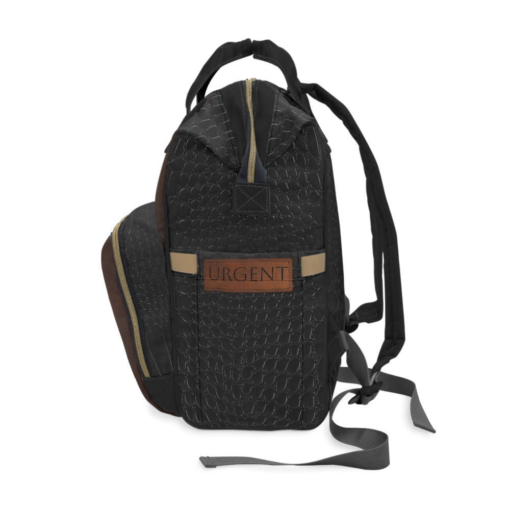 Briefcase Brown and Black quilted diaper backpack with 'URGENT' label on a white background