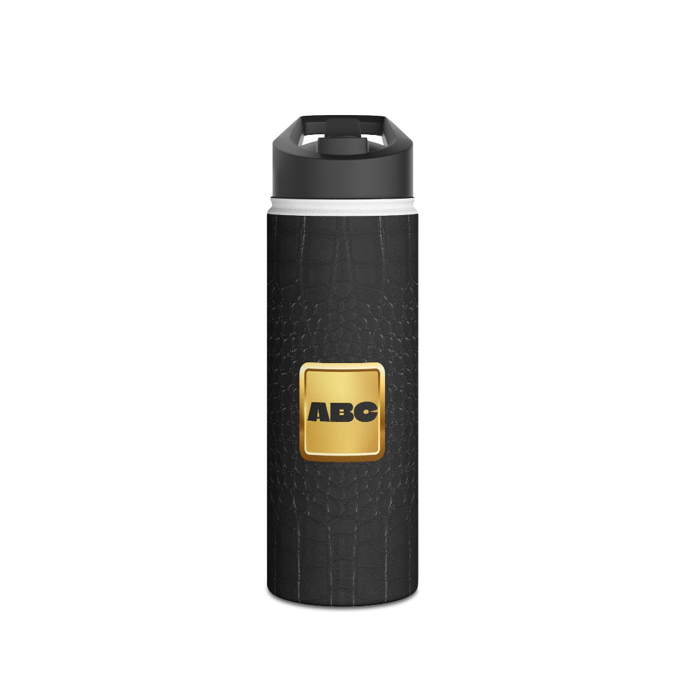 18oz. stainless steel water bottle for dad's briefcase diaper backpack. Professional look, custom engraving.Black insulated bottle with gold ABC logo on a white background