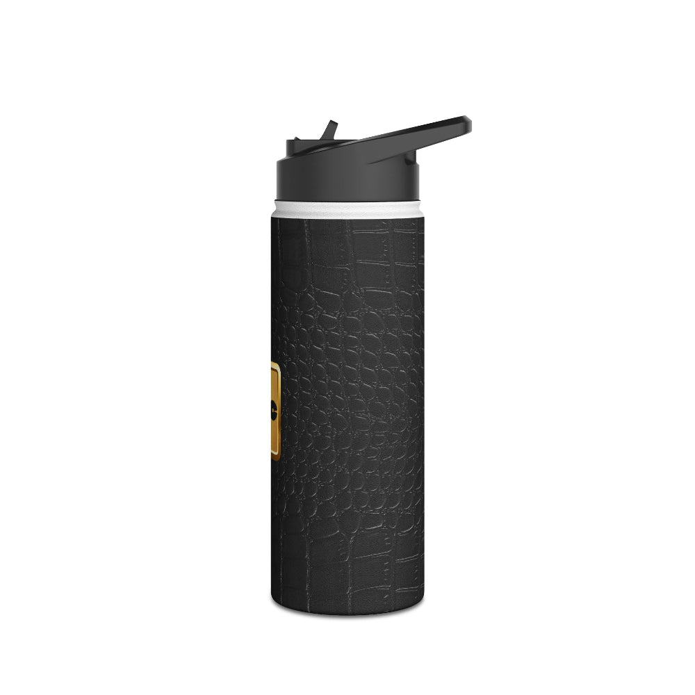 18oz. stainless steel water bottle for dad's briefcase diaper backpack. Professional look, custom engraving. Black textured water bottle with a black lid on a white background.