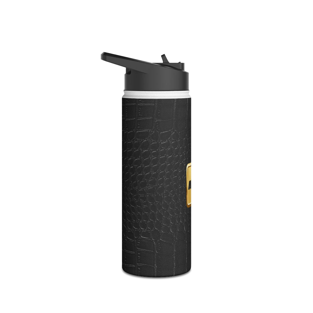 18oz. stainless steel water bottle for dad's briefcase diaper backpack. Professional look, custom engraving. Black textured water bottle with a black lid on a white background