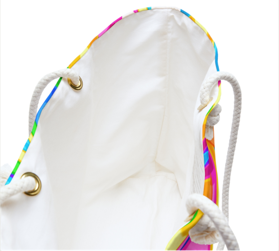 PBP White Beach Time drawstring tote open top with colorful strings on a white background