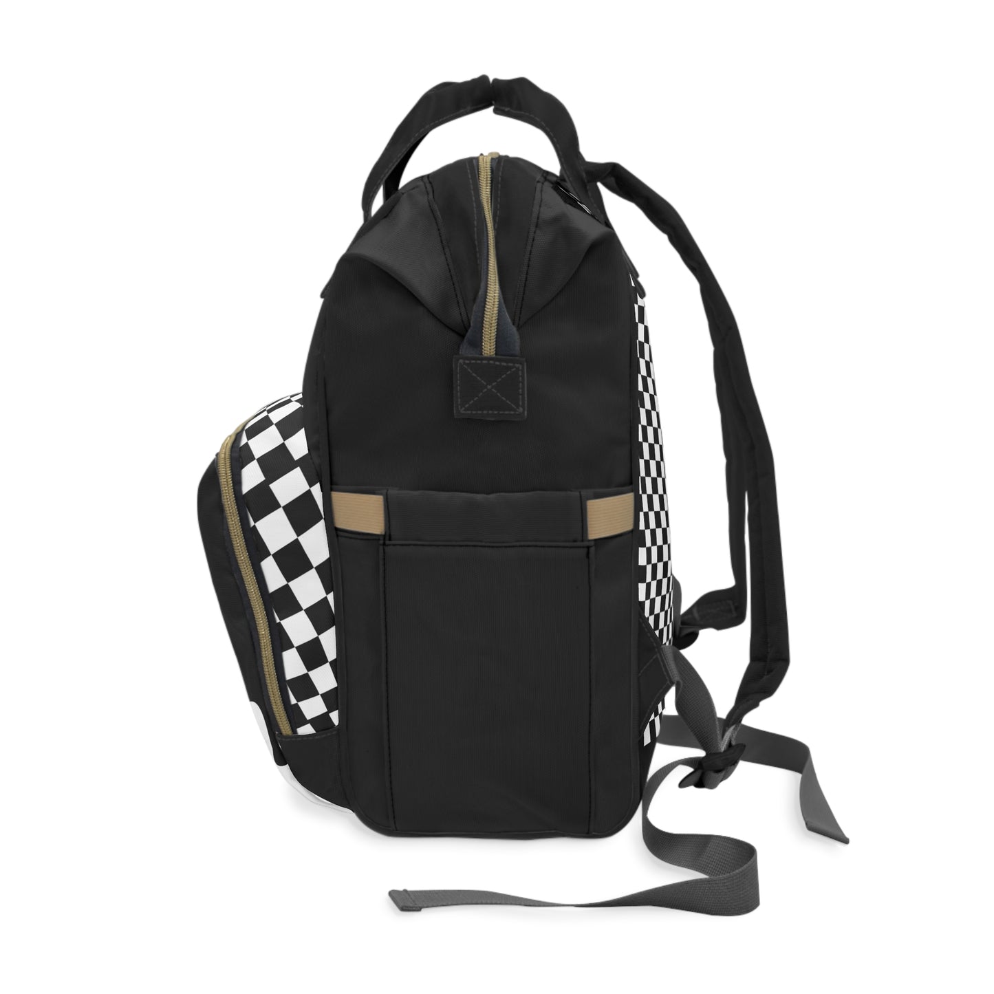 Black backpack with checkered patterns on straps and pocket on a white background