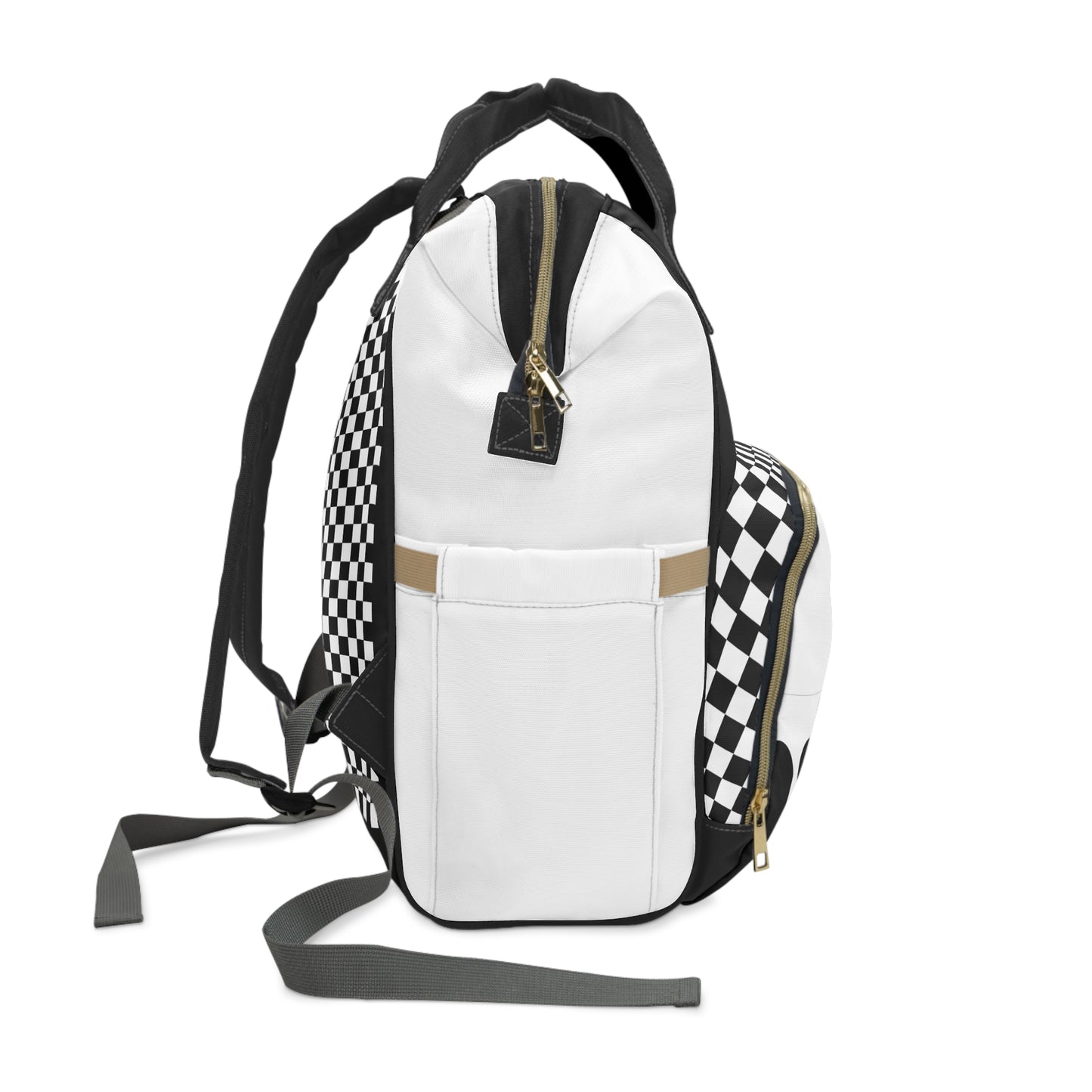 White backpack with black and white checkered patterns on a white background