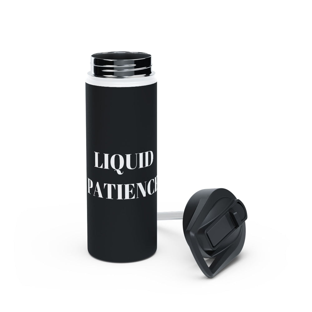 PBP Dad's Survival Kit Black water bottle with 'LIQUID PATIENCE' text in white on a black background