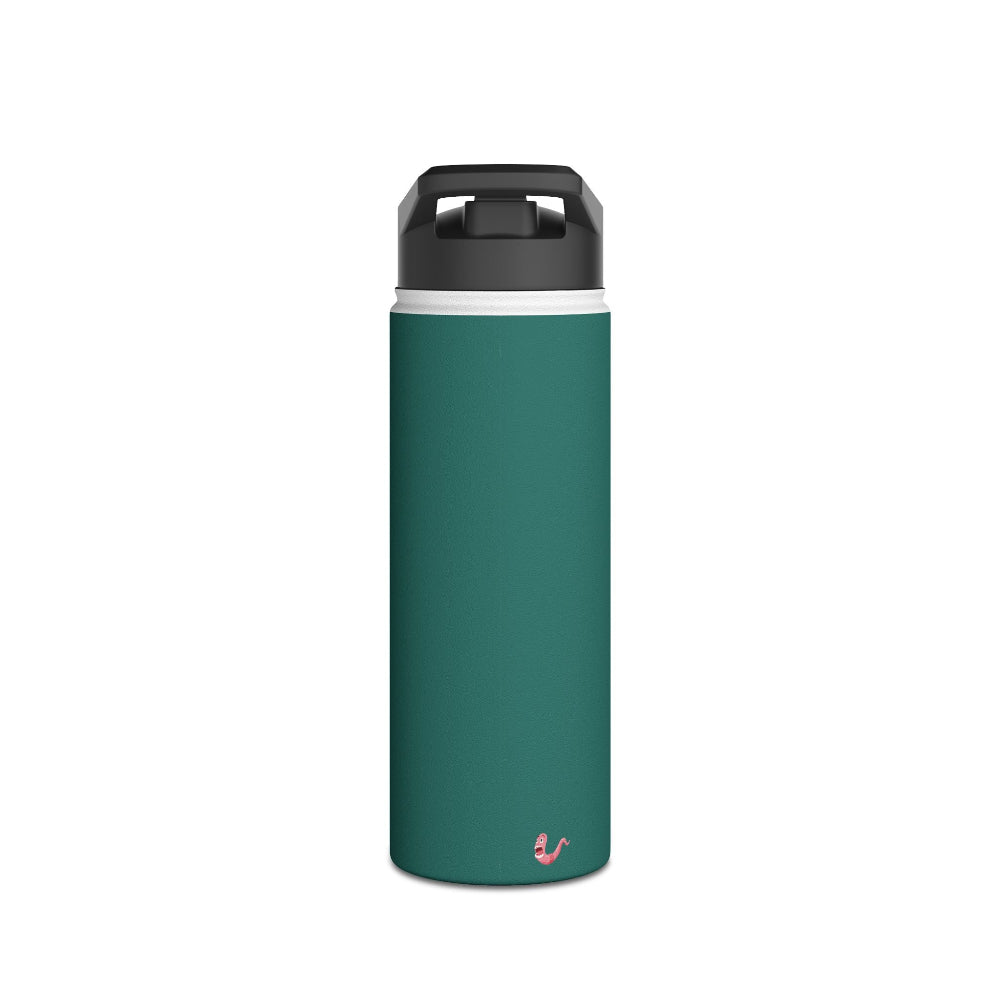 PBP Tackle Box Style 18oz. teal water bottle with black cap and a little happy worm at the bottom