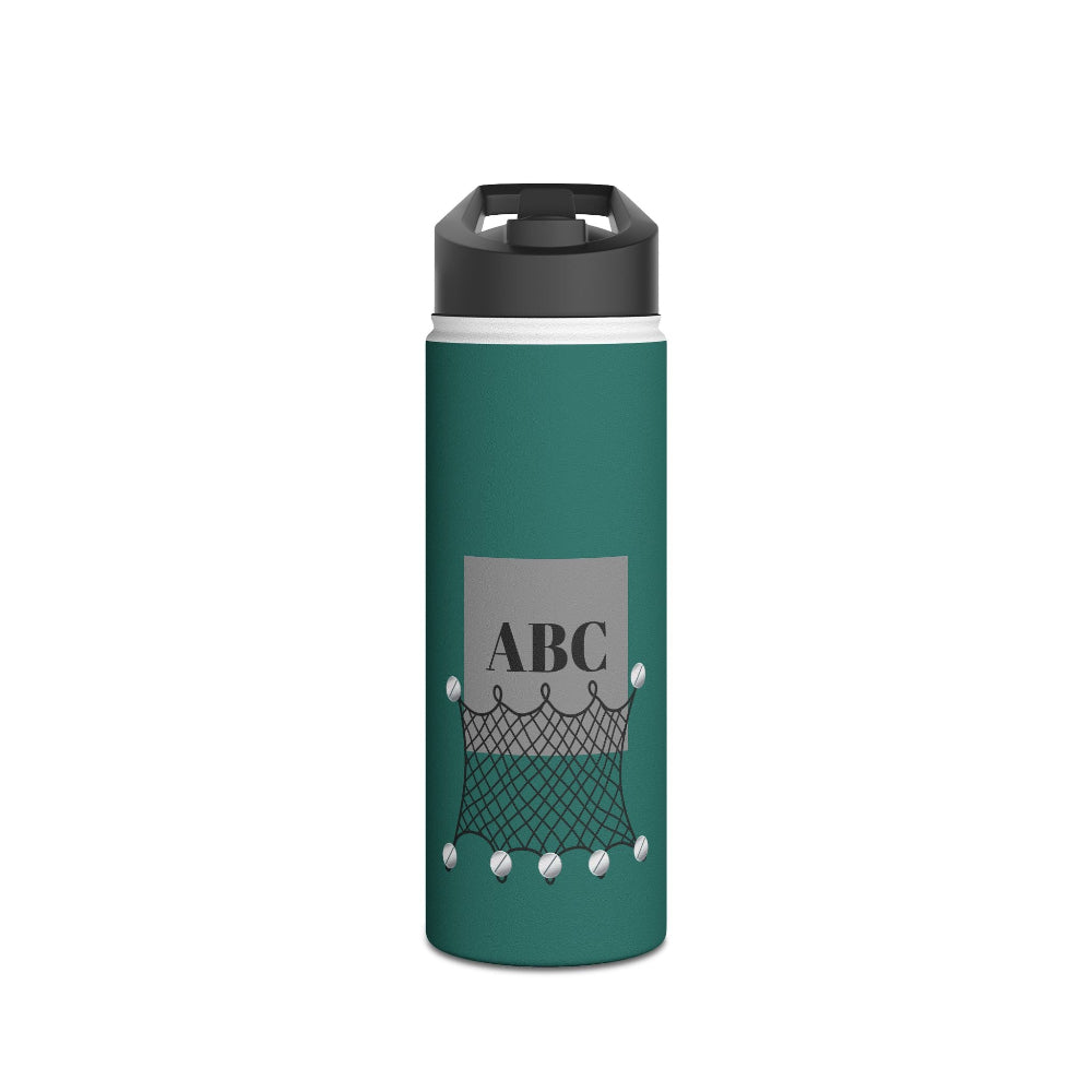 PBP Tackle box Style Teal water bottle with black lid and 'ABC' design for personalization on a teal background