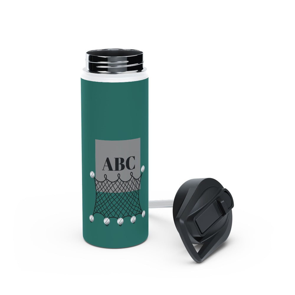 PBP Tackle Box Style 18oz. Teal water bottle with black lid and 'ABC' design for personalization on a teal background