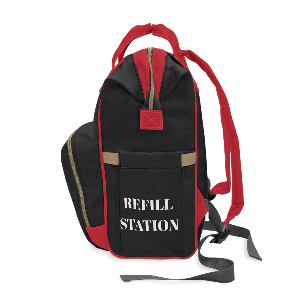 PBP Dad's Black and red diaper backpack with 'REFILL STATION' text in white on a black background on the left side