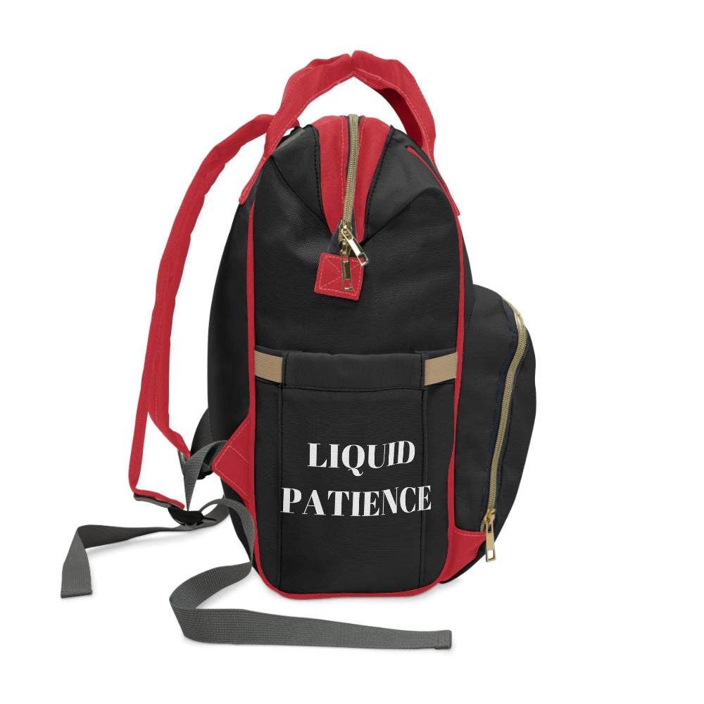 PBP Black and red backpack with 'LIQUID PATIENCE' text in white on a black background on the right side