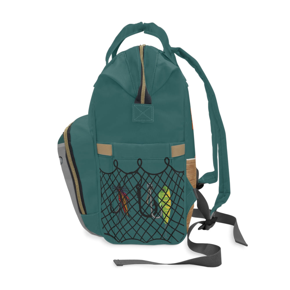 PBP Dad's Tackle Box Style Green Diaper Backpack with a front pocket on a green background