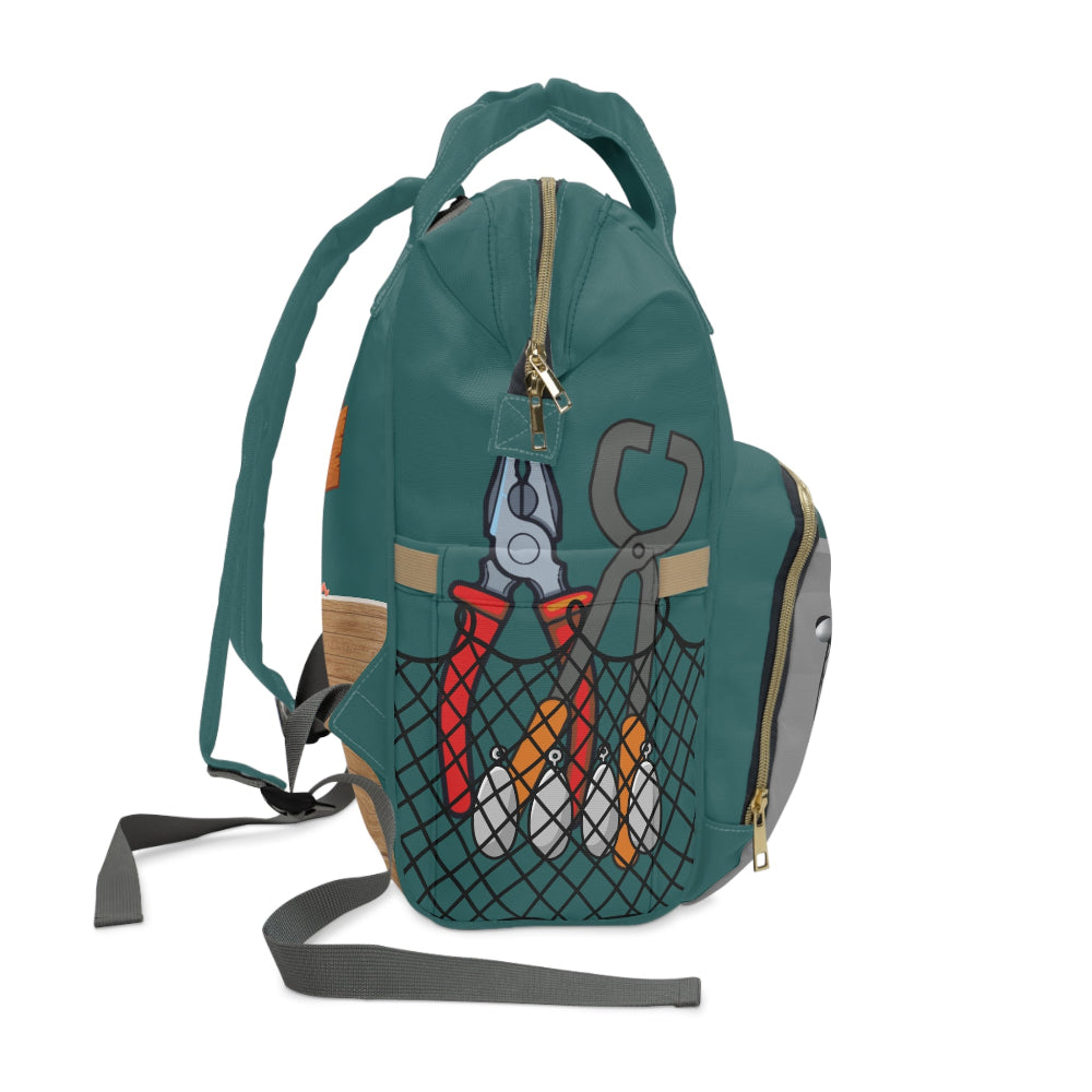 PBP Dad's Tackle Box Style Green Diaper Backpack with tool design on a green background