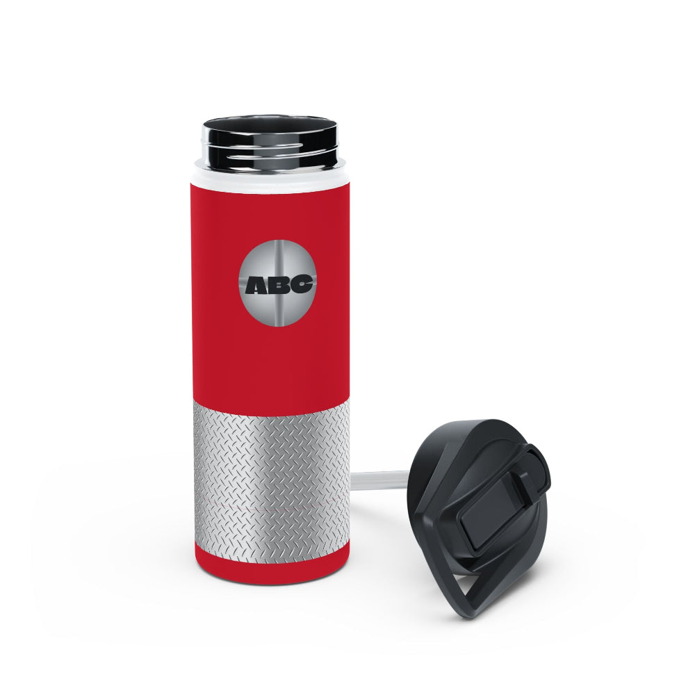 PBP Dad's Tool Box Red 18oz. water bottle with black cap and printed metal pattern