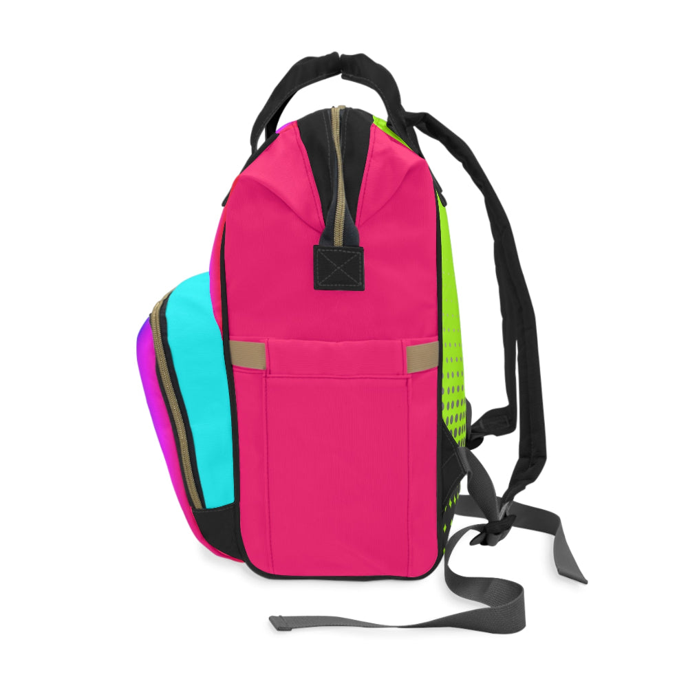 PBP Dad's Vibrant Diaper Backpack with pink, green, and blue sections on a white background