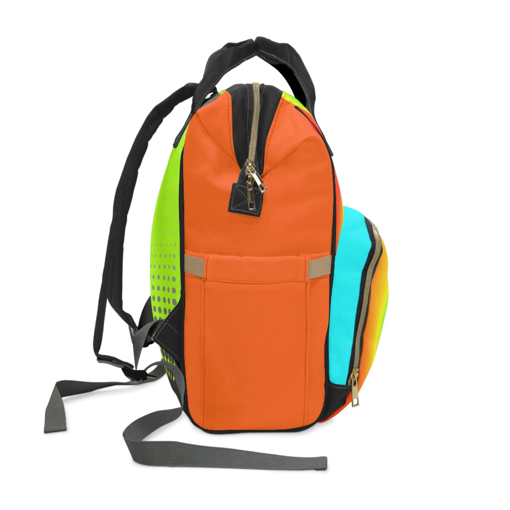 PBP Dad's Vibrant Diaper Backpack with orange, green, and blue sections on a white background
