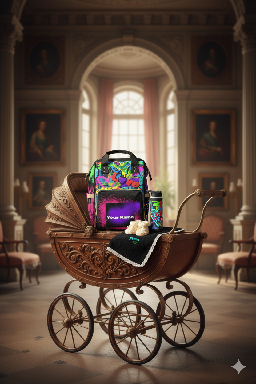 Vintage-style pram with graffiti diaper backpack bag and 18oz graffiti water bottle, burp cloth in a grand room.