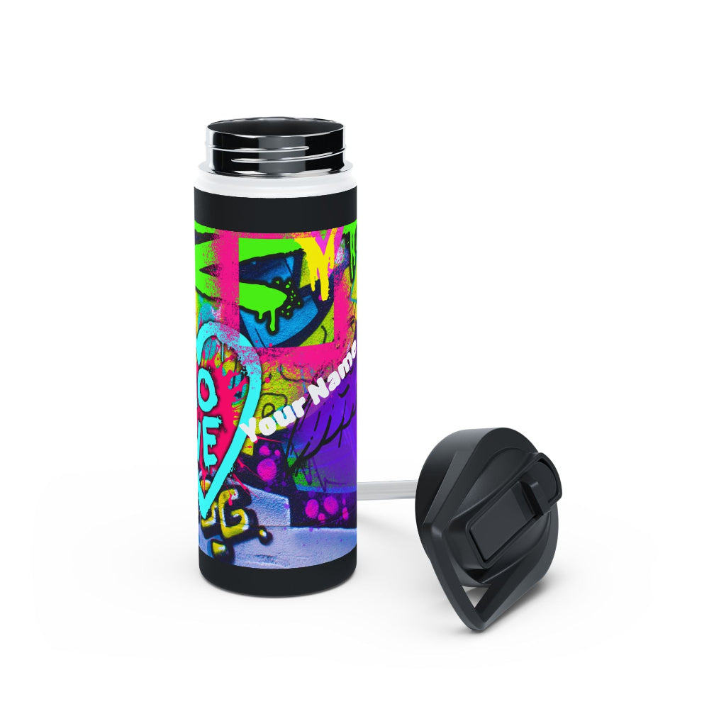 PBP 18oz. water bottle with graffiti-style design on a white background for Dad's Diaper Backpack