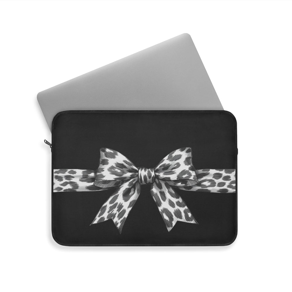 precious laptop sleeve with a leopard print bow on a white background and laptop picture