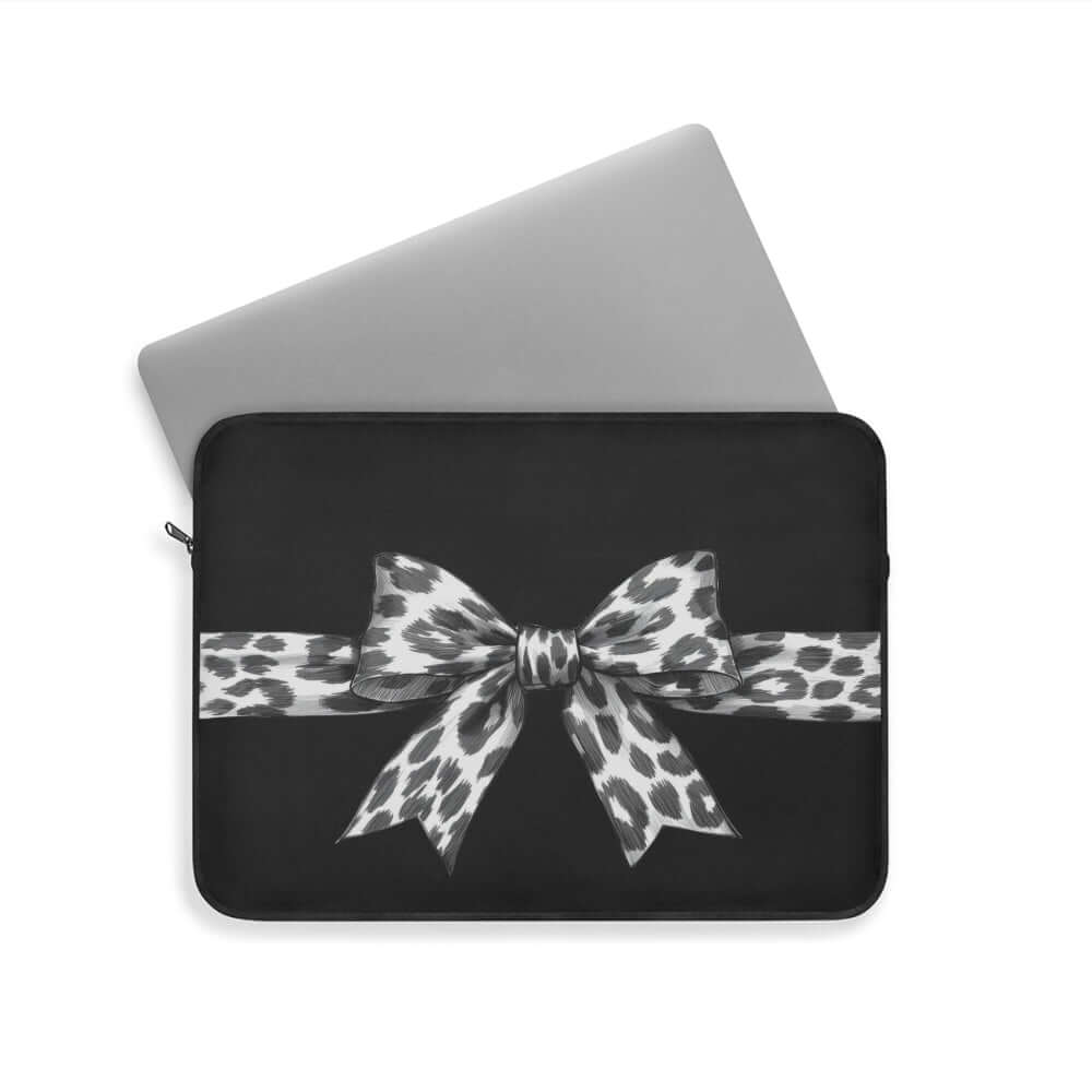 precious laptop sleeve with a leopard print bow on a white background and laptop picture