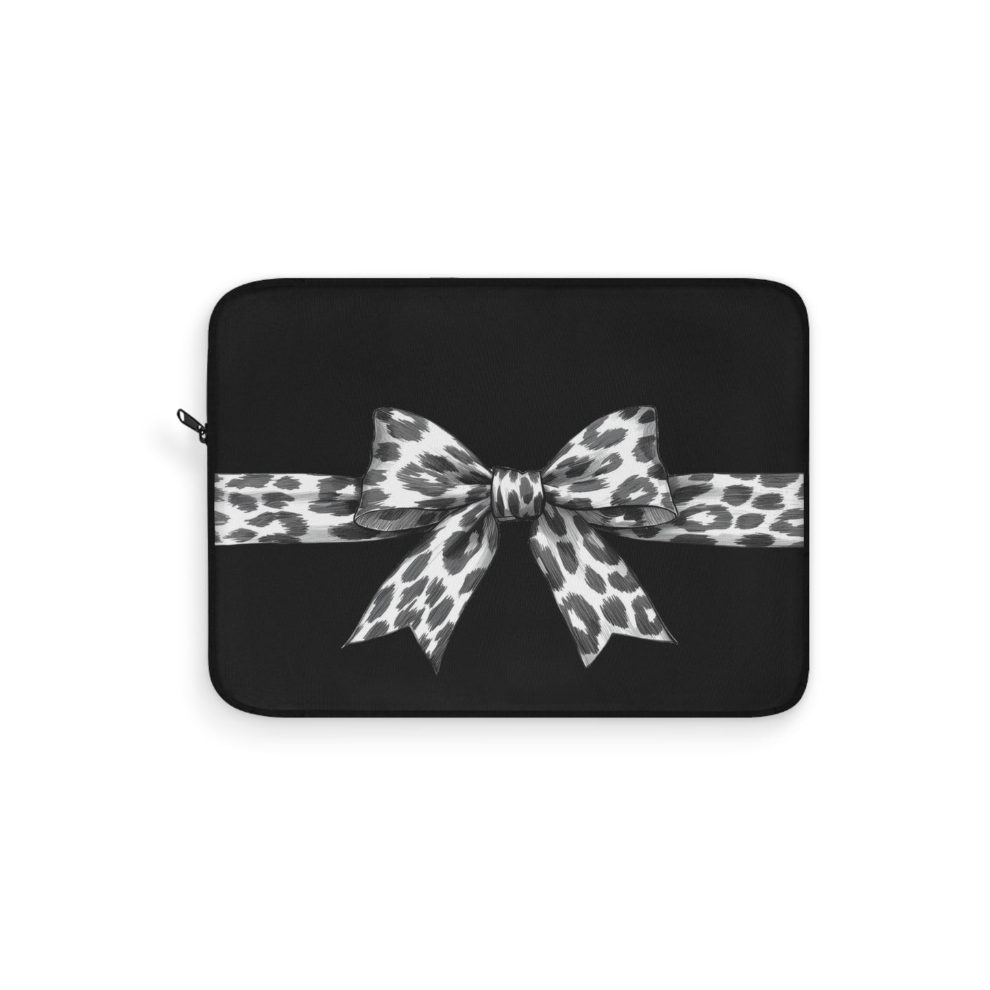 precious pbp laptop sleeve with a leopard print bow on a white background
