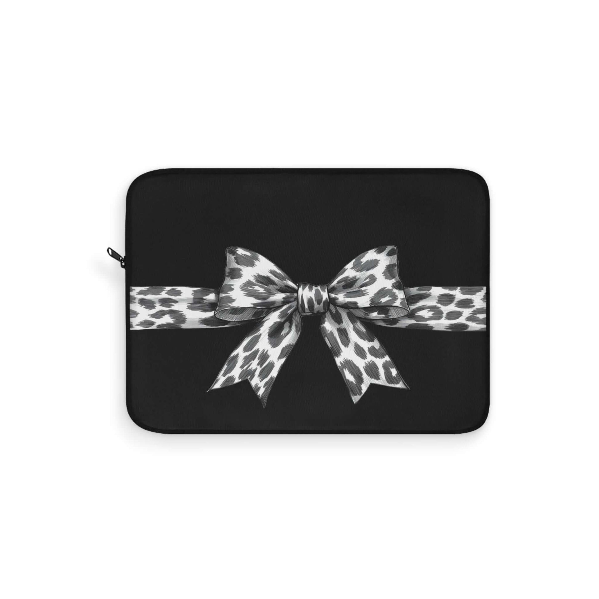 precious pbp laptop sleeve with a leopard print bow on a white background