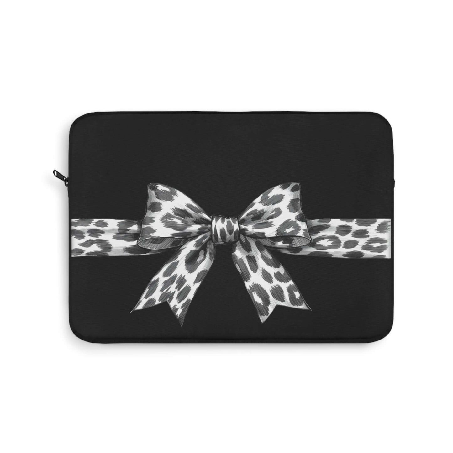 pbp precious laptop sleeve with a leopard print bow on a white background
