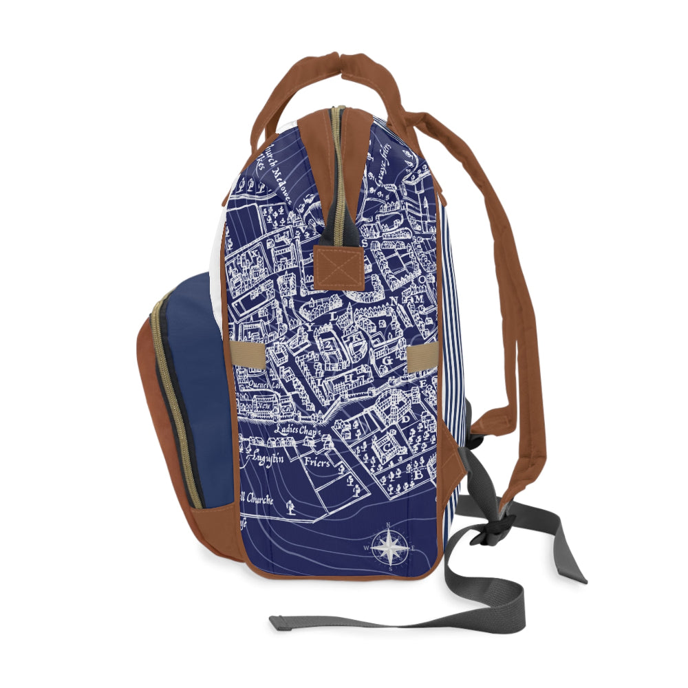 Backpack with blue map design and brown straps on a white background