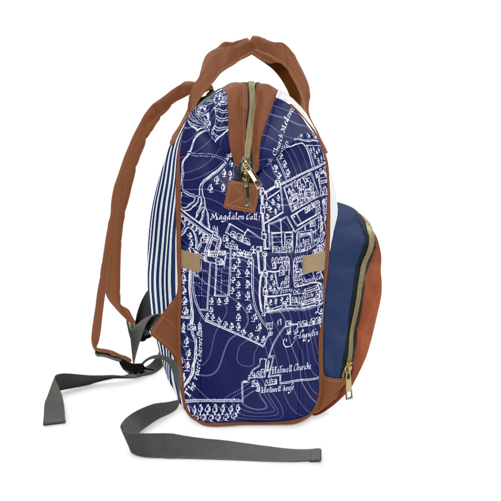 Backpack with blue map design on a white background