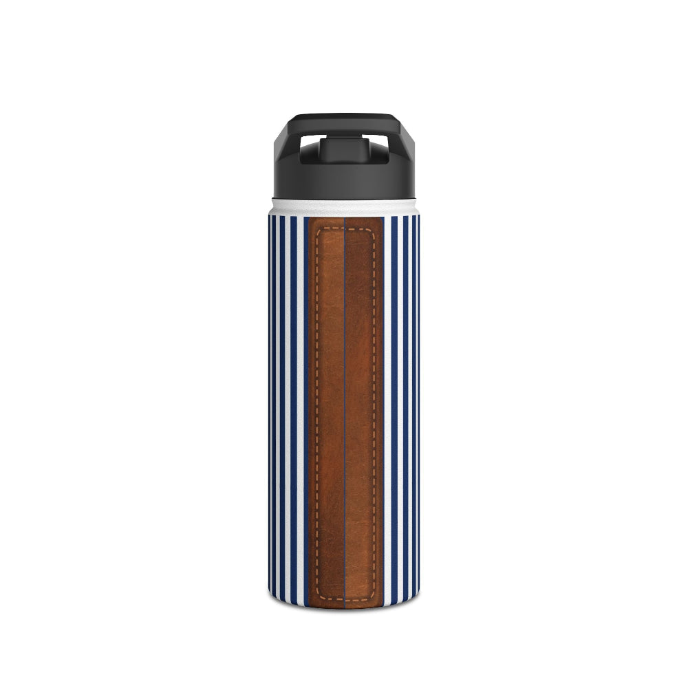 18oz. PBP stainless steel water bottle for dad's nautical style diaper backpack. Professional look, custom engraving. Insulated thermos bottle with striped pattern and brown leather section on a white background.