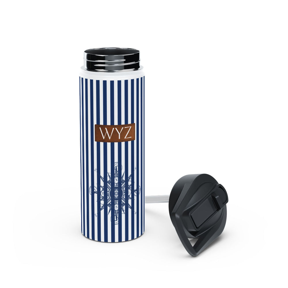 18oz. PBP stainless steel water bottle for dad's nautical style diaper backpack. Professional look, custom engraving.Blue striped and white insulated bottle with WYZ and black cap