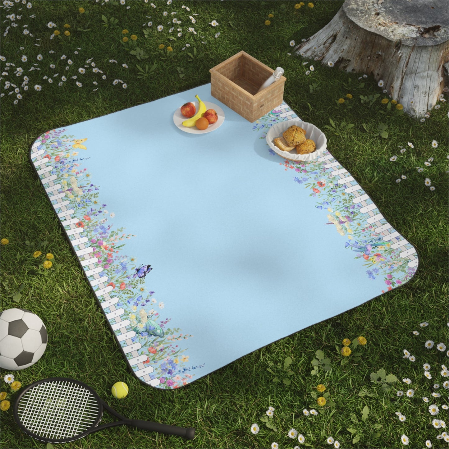 Floral-patterned picnic blanket on grass with fruit, bread, and sports equipment. PBP Pub garden party blanket, water resistant