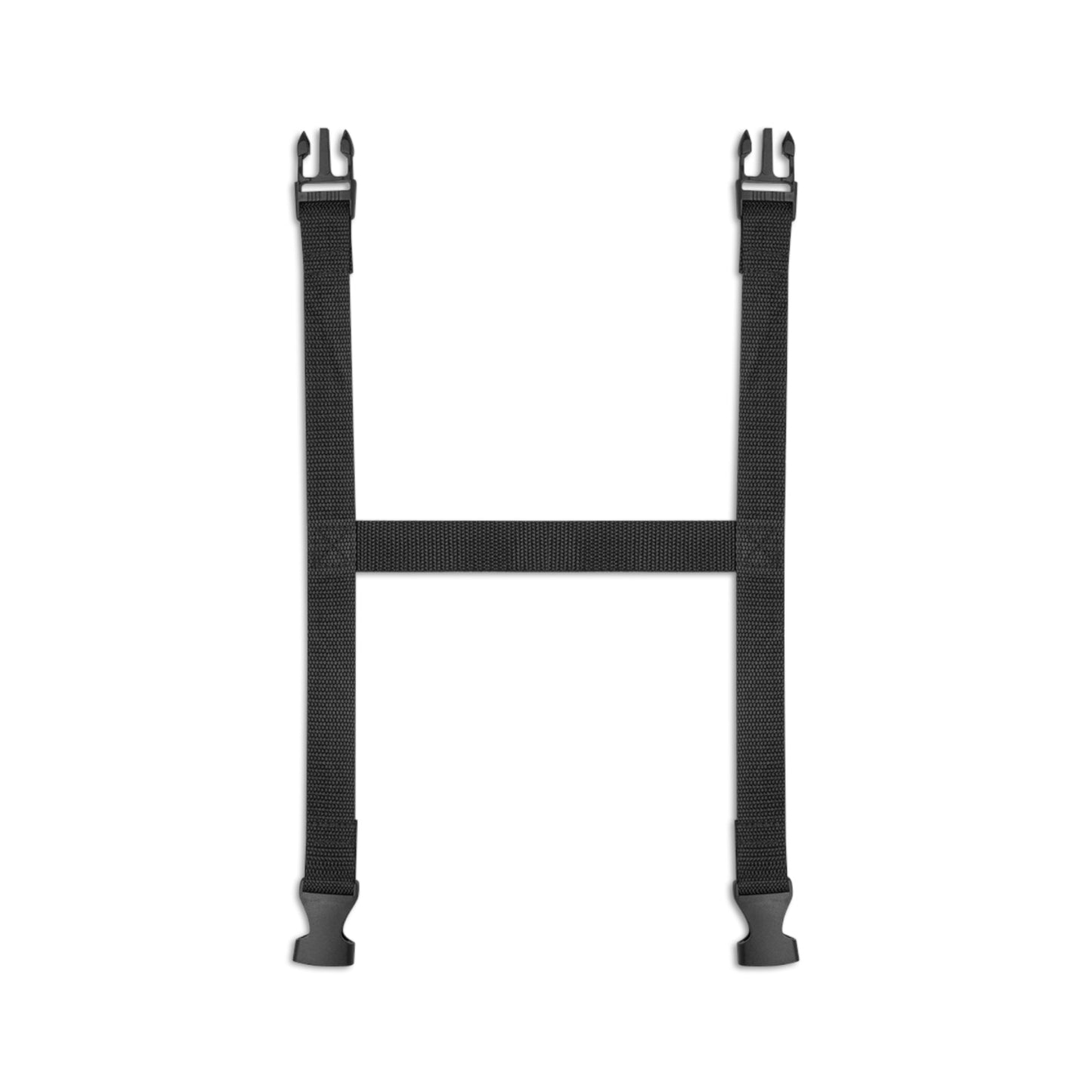 Two black straps with metal buckles on a white background, garden party blanket strap