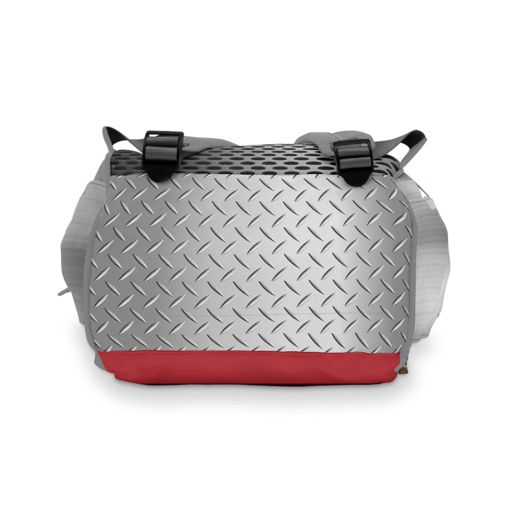 PBP Dad's Tool Box Kit Diaper Backpack bottom Gray and with diamond plate pattern on a white background