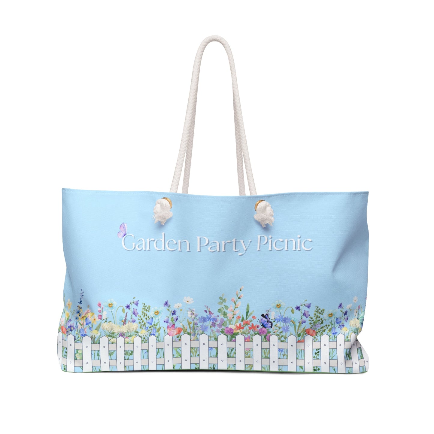 Tote bag with garden-themed design and 'Garden Party Picnic' text on a white background.PBP Pub garden party tote