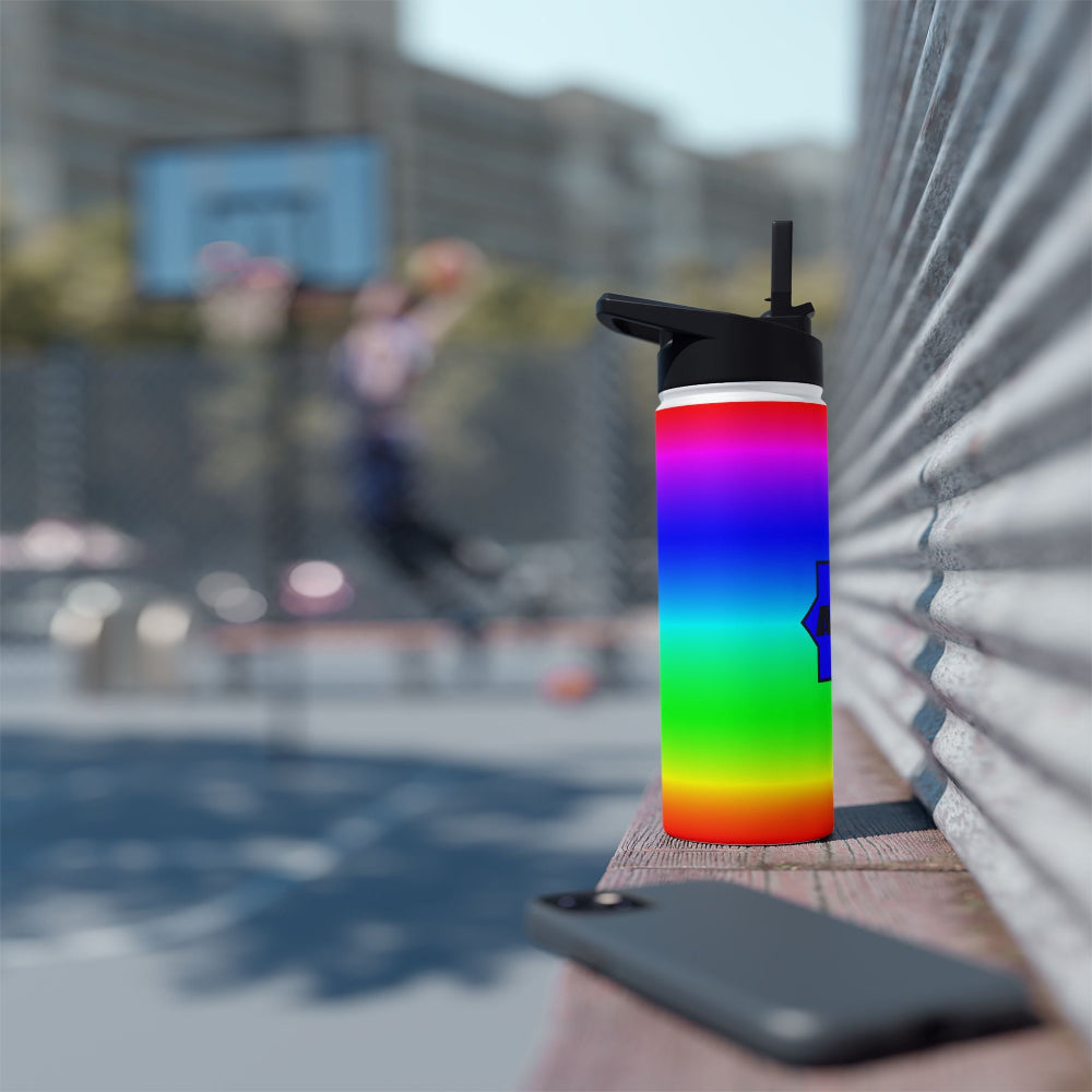 PBP Dad's Vibrant Diaper Backpack 18oz. water bottle with a blurred background of a basketball game