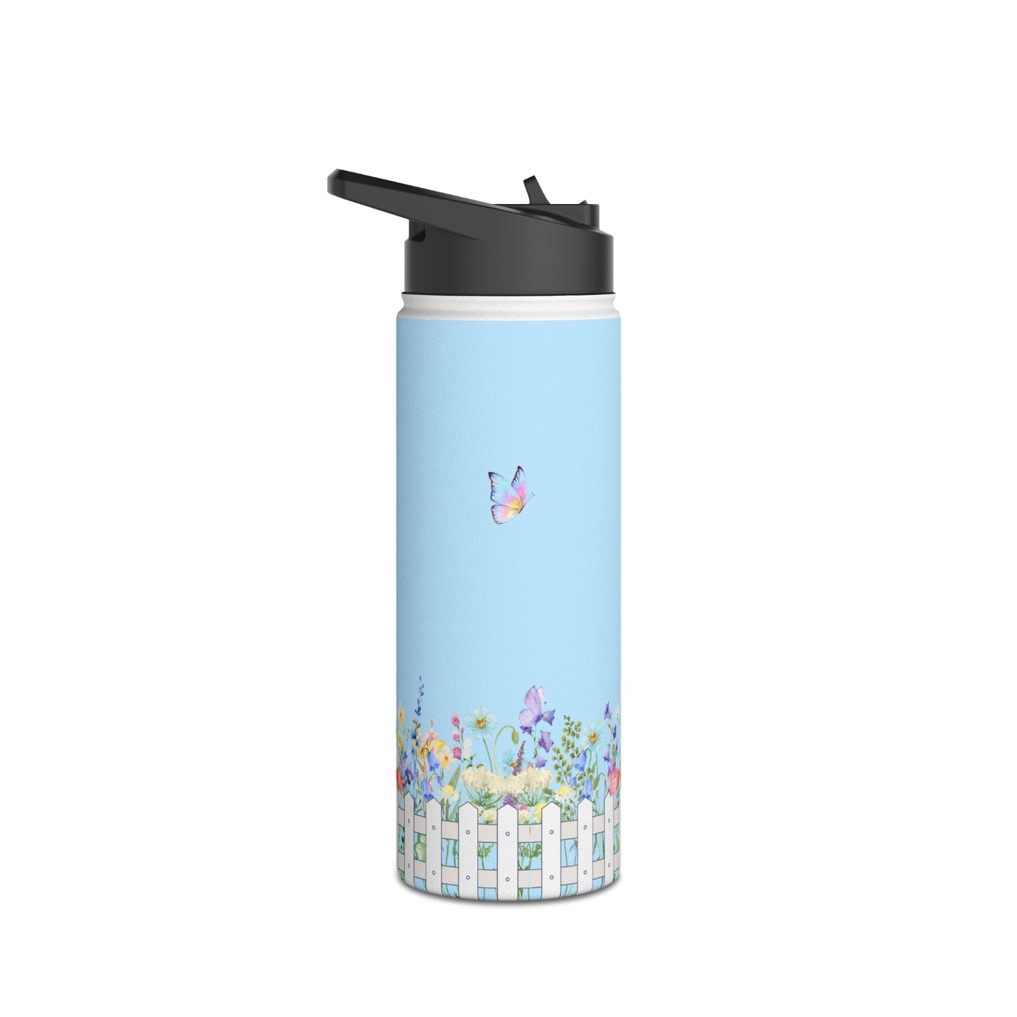 PBP Pub garden party Blue water bottle with a floral design and butterfly on a white background