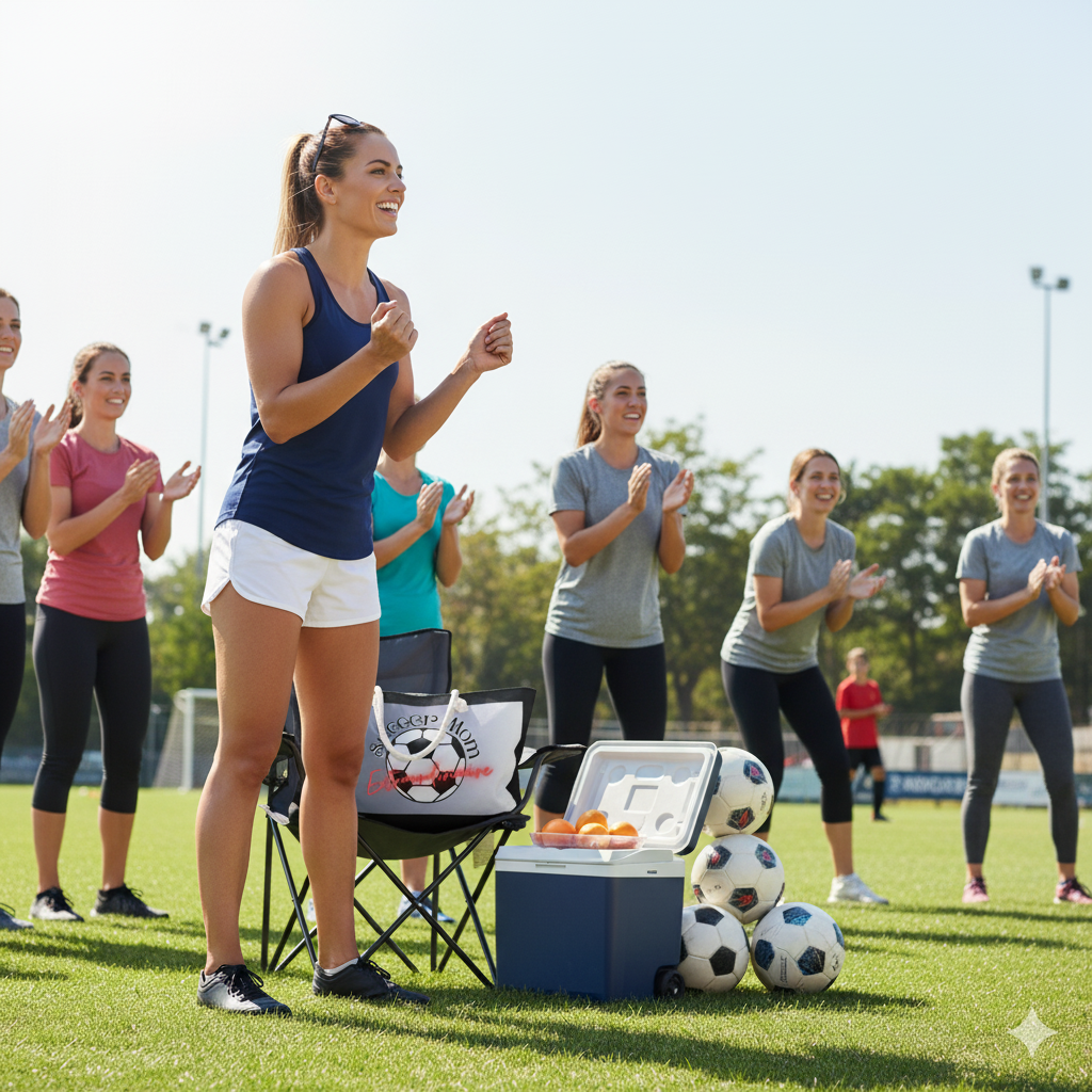 Woman in athletic wear standing on a grassy field with sports equipment and people clapping in the background.