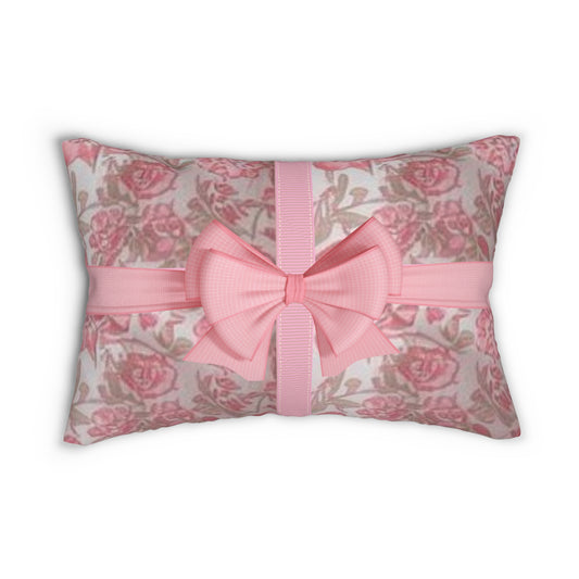Cottage Cozy Lumbar Pillow with Ribbon and Bow, Home Décor, Gift for Her, Bedroom Accent, Cozy Cushion, Feminine Style