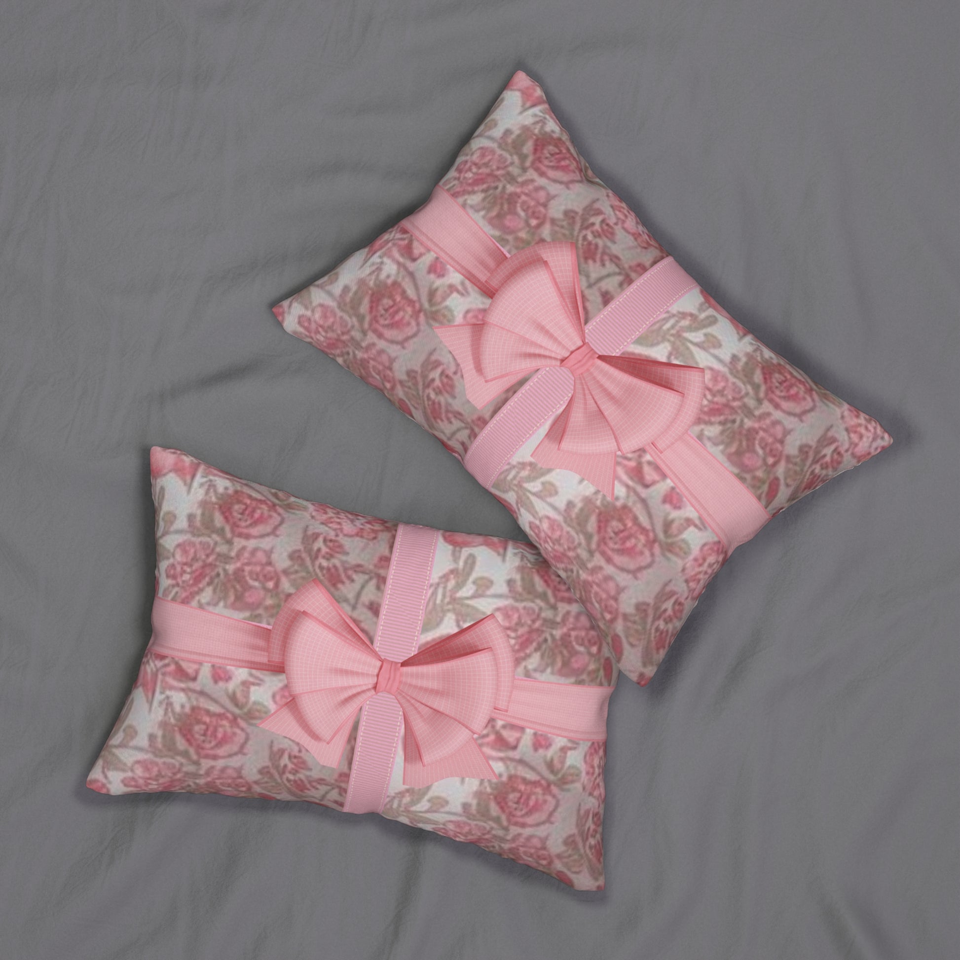 Cottage Cozy Lumbar Pillow with Ribbon and Bow, Home Décor, Gift for Her, Bedroom Accent, Cozy Cushion, Feminine Style