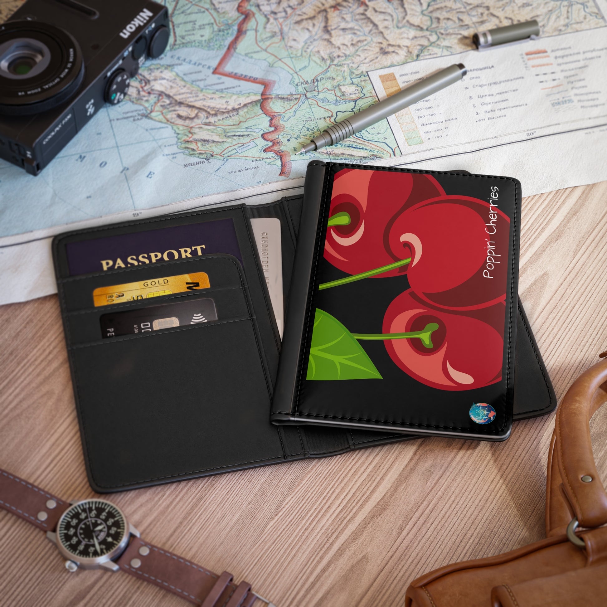 Poppin" Cherry Passport Cover - Travel Accessory, Gift for Travelers, Unique Holder, Cherry Lovers, Stylish Luggage Tag