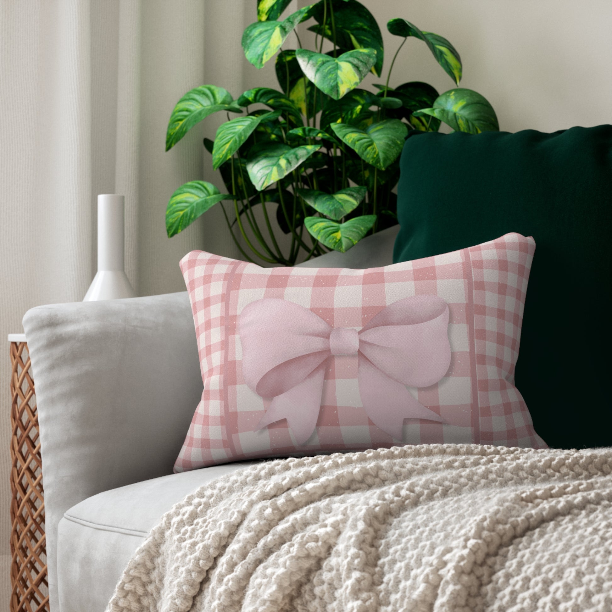 Cottage Cozy DBL Gingham Lumbar Pillow, Decorative Throw Cushion, Farmhouse Decor, Pink Gingham Pillow, Home Gift, Cozy Living Room Accent