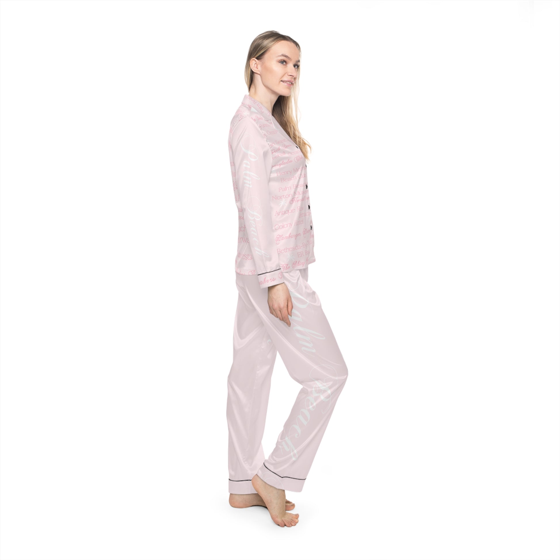Custom Palm Beach Luxurious Women's Satin Pajamas Set, Relaxing Sleepwear, Cozy Nightwear, Gift for Her, Bridal Loungewear, Soft Satin PJs, Anniversary Gift