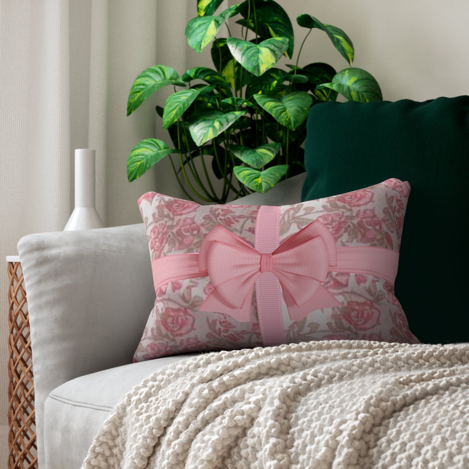 Cottage Cozy Lumbar Pillow with Ribbon and Bow, Home Décor, Gift for Her, Bedroom Accent, Cozy Cushion, Feminine Style