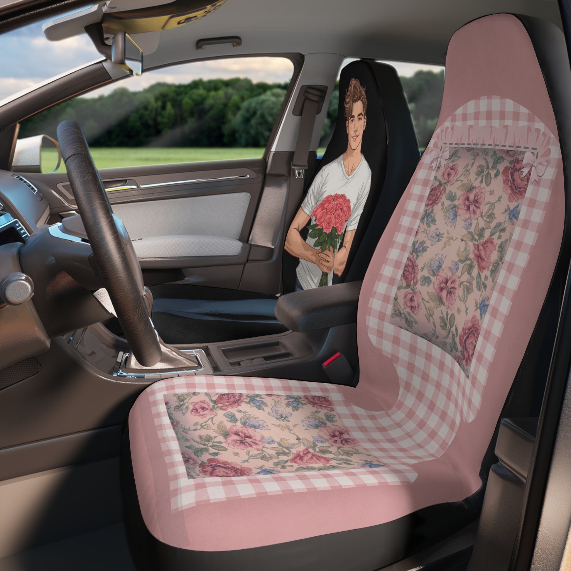 Cottage Cozy with your boyfriend Car Seat Covers - Stylish Polyester Protectors for Couples, Gifts for Him/Her, Wedding Decor, Valentine's Day, Floral Theme