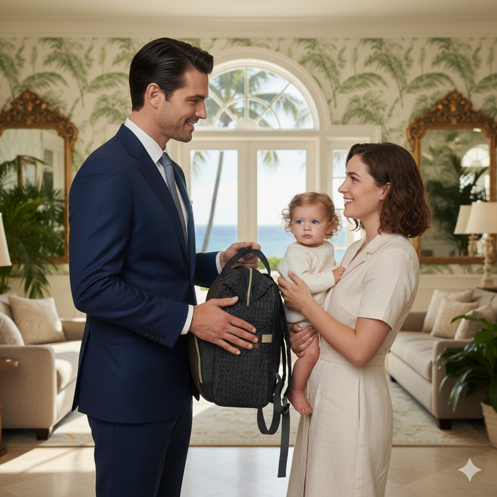 Dad handing of briefcase diaper backpack to nanny holding baby in mansion
