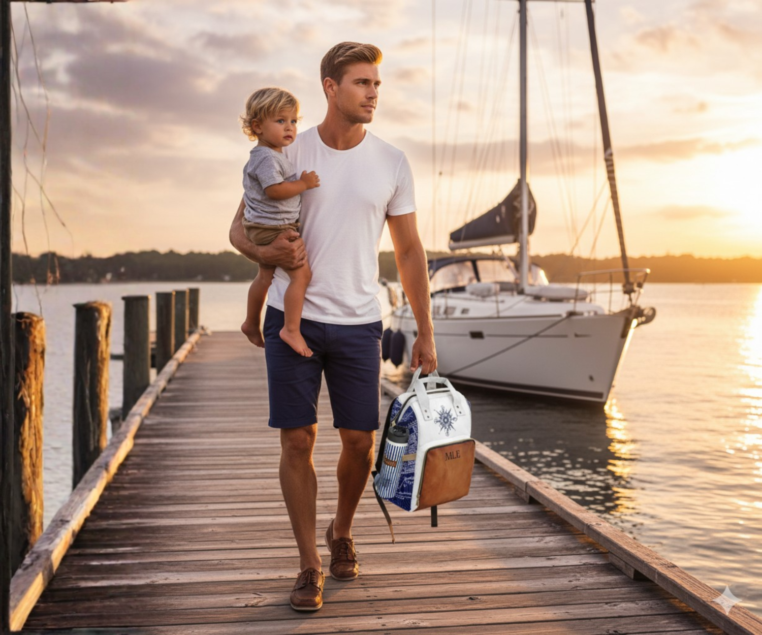 Dad holding his son on a dock with a sailboat in the background carrying Palm Beach Proper Nautical Diaper Backpack Kit